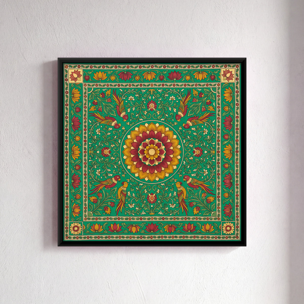 Lotus Medallion with Birds - framed canvas art hung on a wall