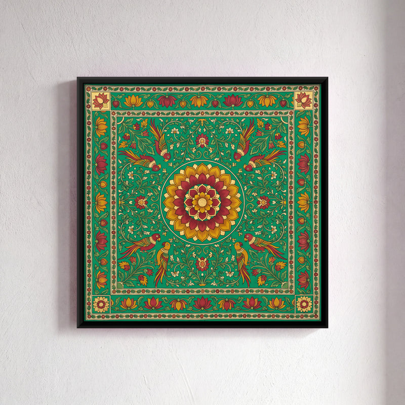 Lotus Medallion with Birds - framed canvas art hung on a wall