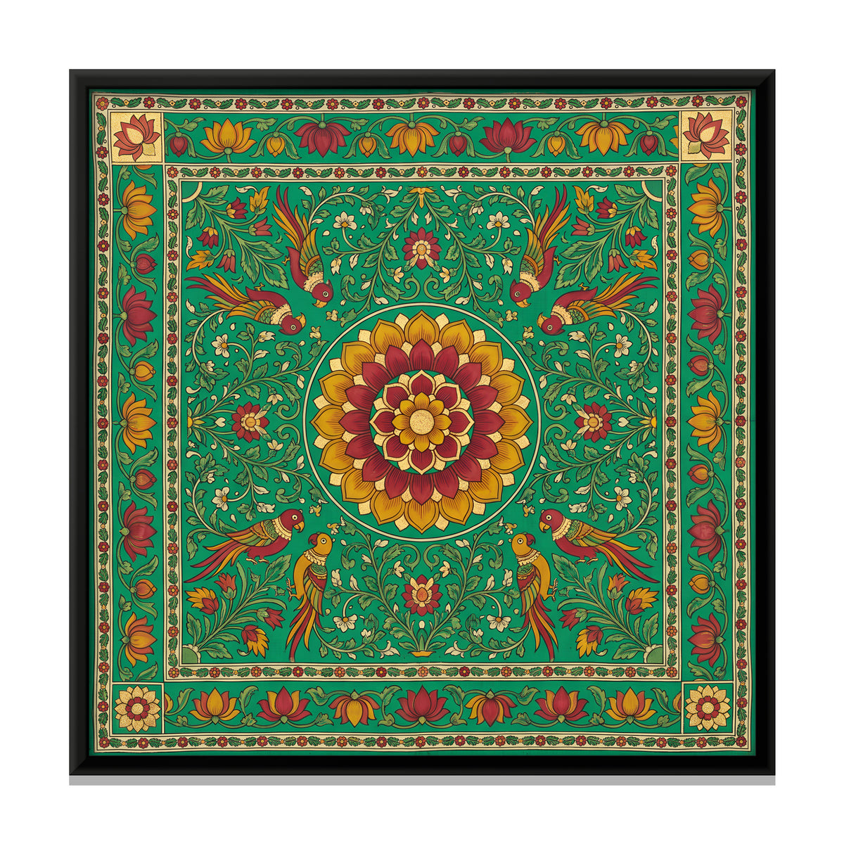 Lotus Medallion with Birds - framed canvas print, front view