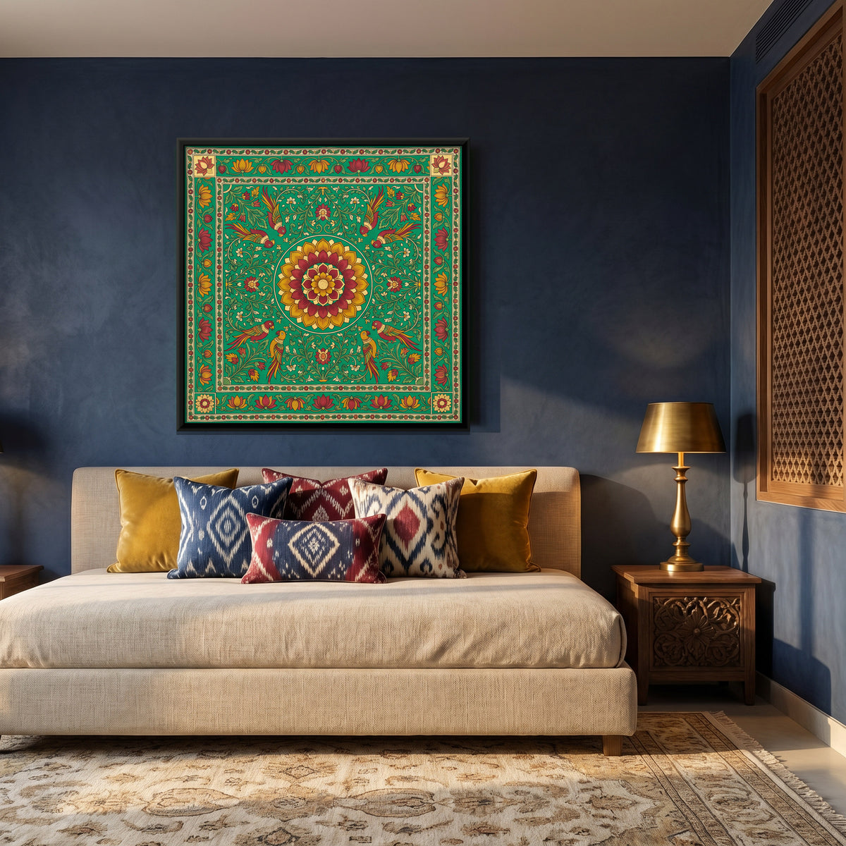 Lotus Medallion with Birds - canvas art shown in a styled room