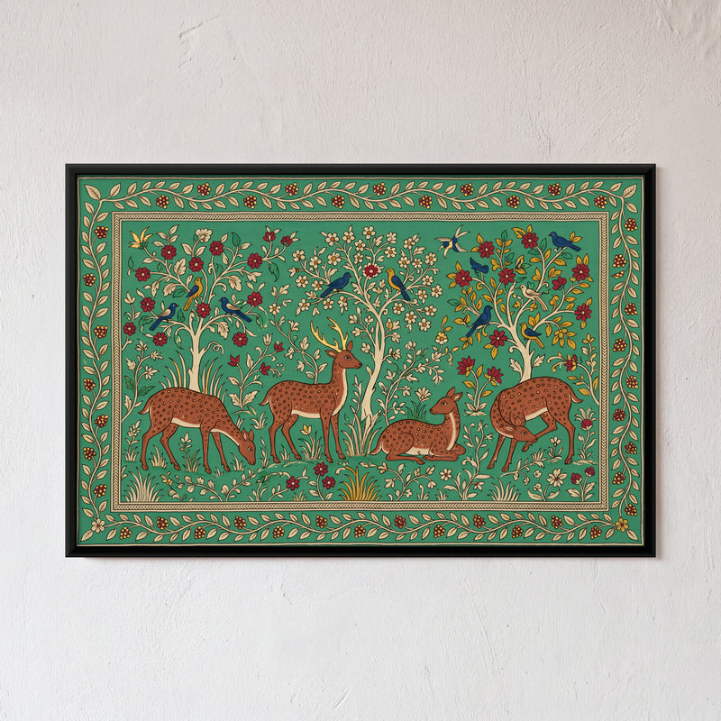 Deer in a Flowering Grove - framed canvas art hung on a wall