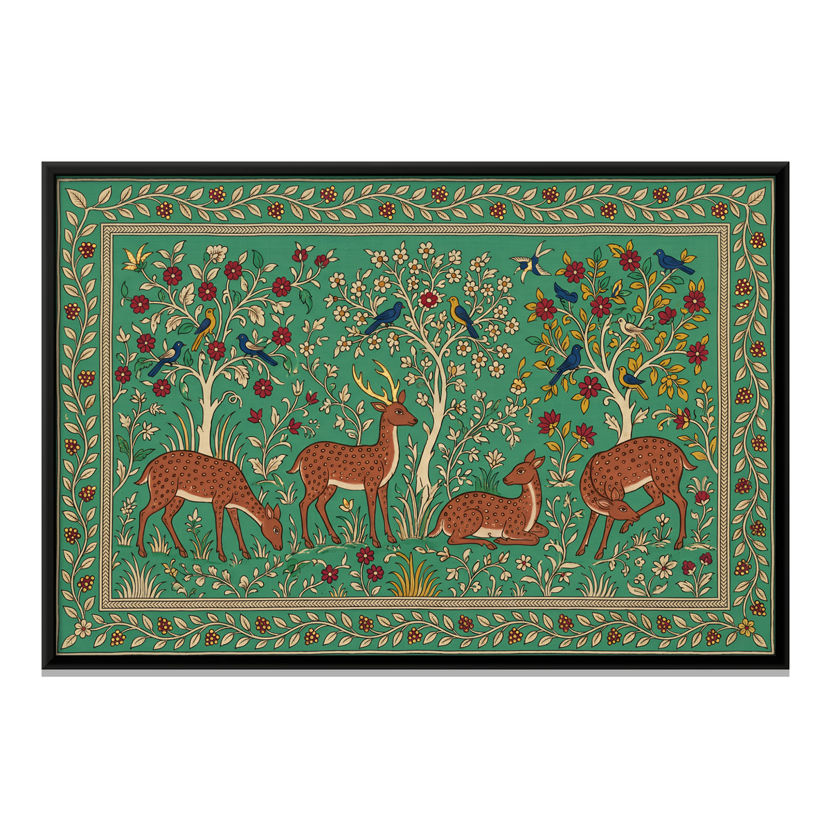 Deer in a Flowering Grove - framed canvas print, front view