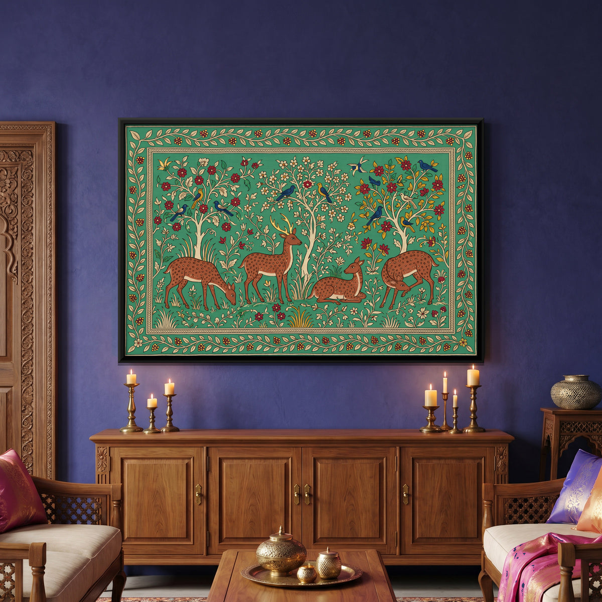 Deer in a Flowering Grove - canvas art shown in a styled room