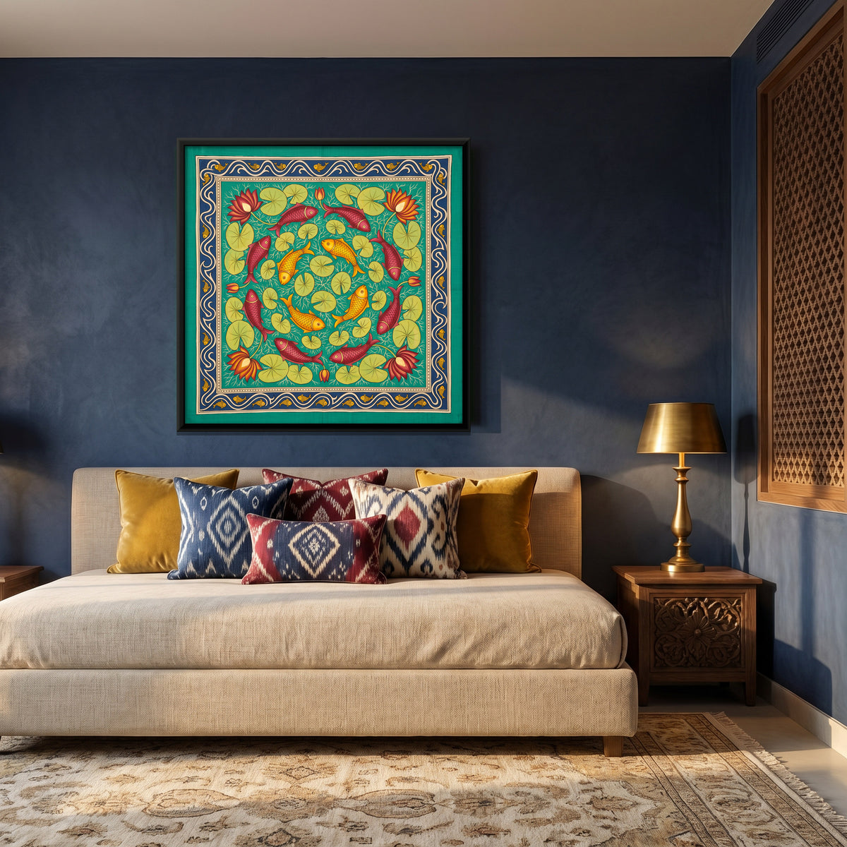 Fish in a Lotus Pond - canvas art shown in a styled room
