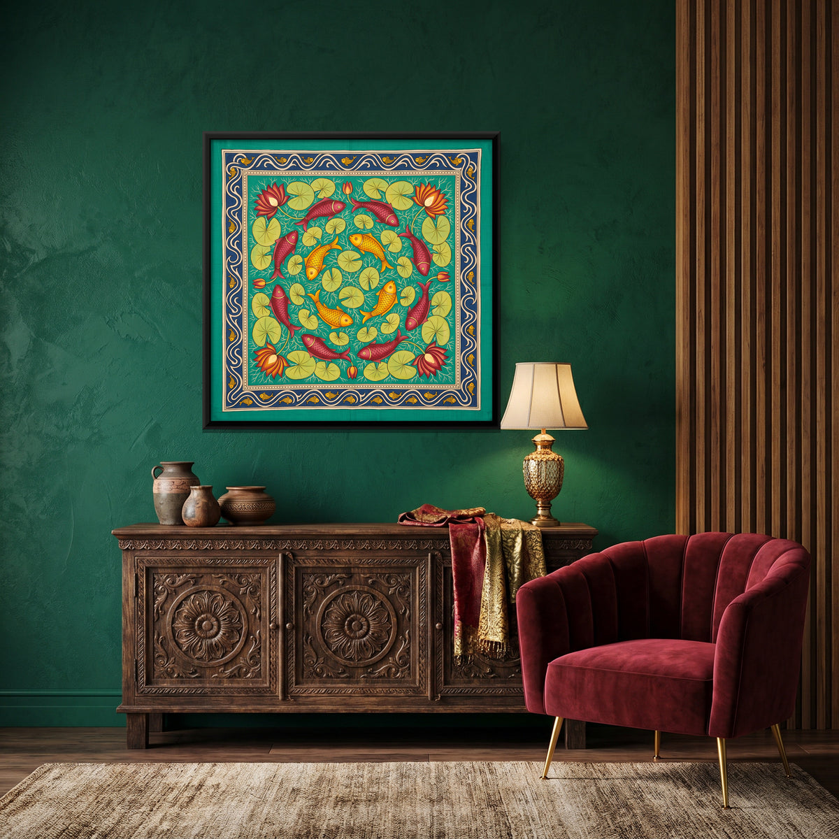 Fish in a Lotus Pond - canvas art shown in a second room setting