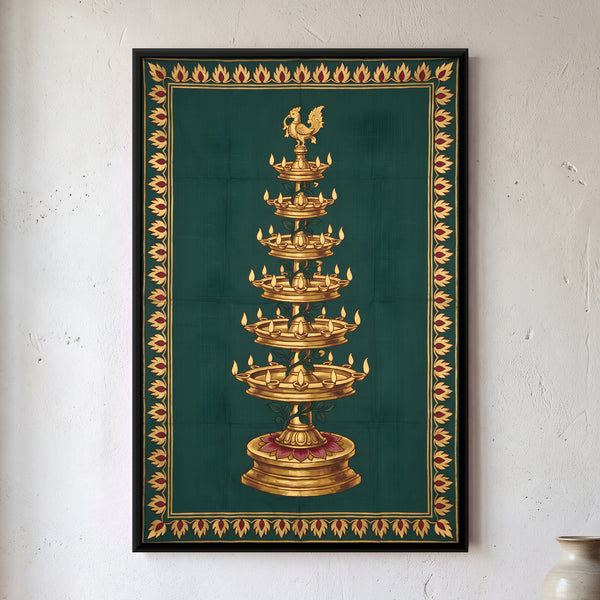 Six-tiered Golden Temple Lamp on Teal Background