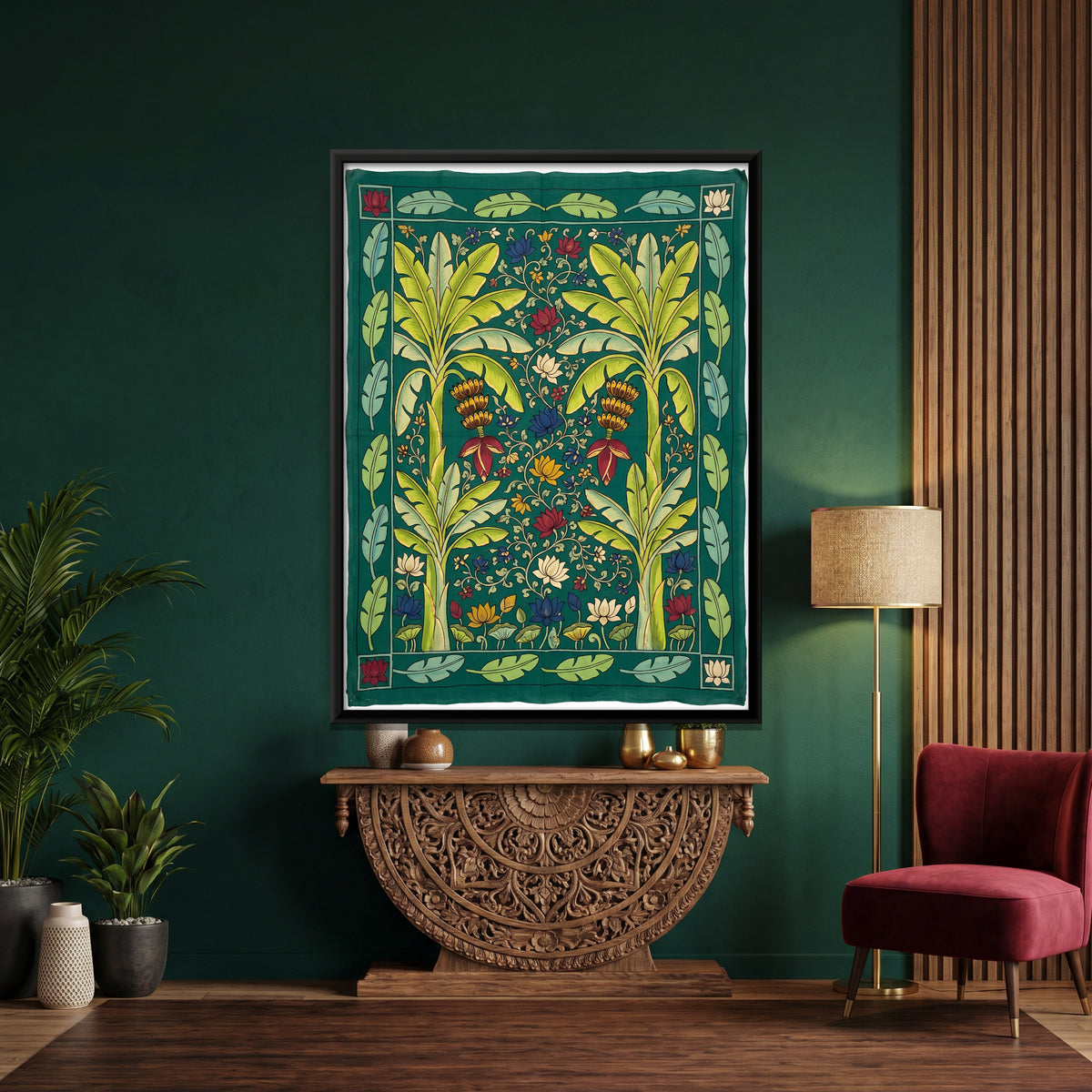 Banana Trees with Lotus - canvas art shown in a second room setting
