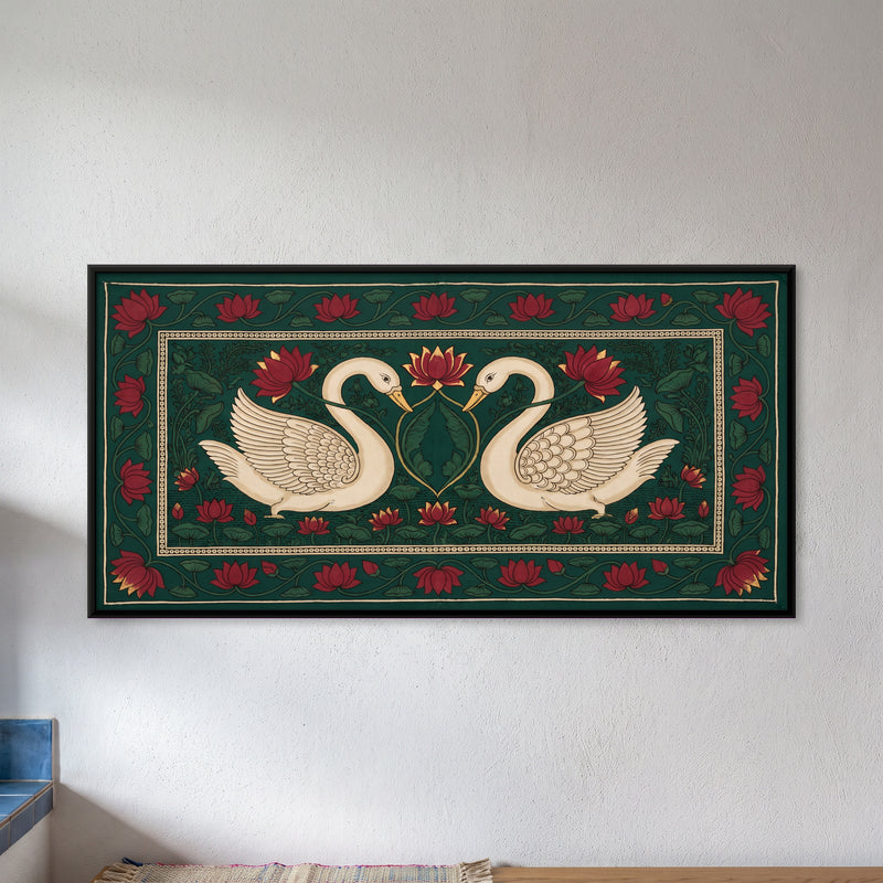 Pair of Swans with Lotus - framed canvas art hung on a wall
