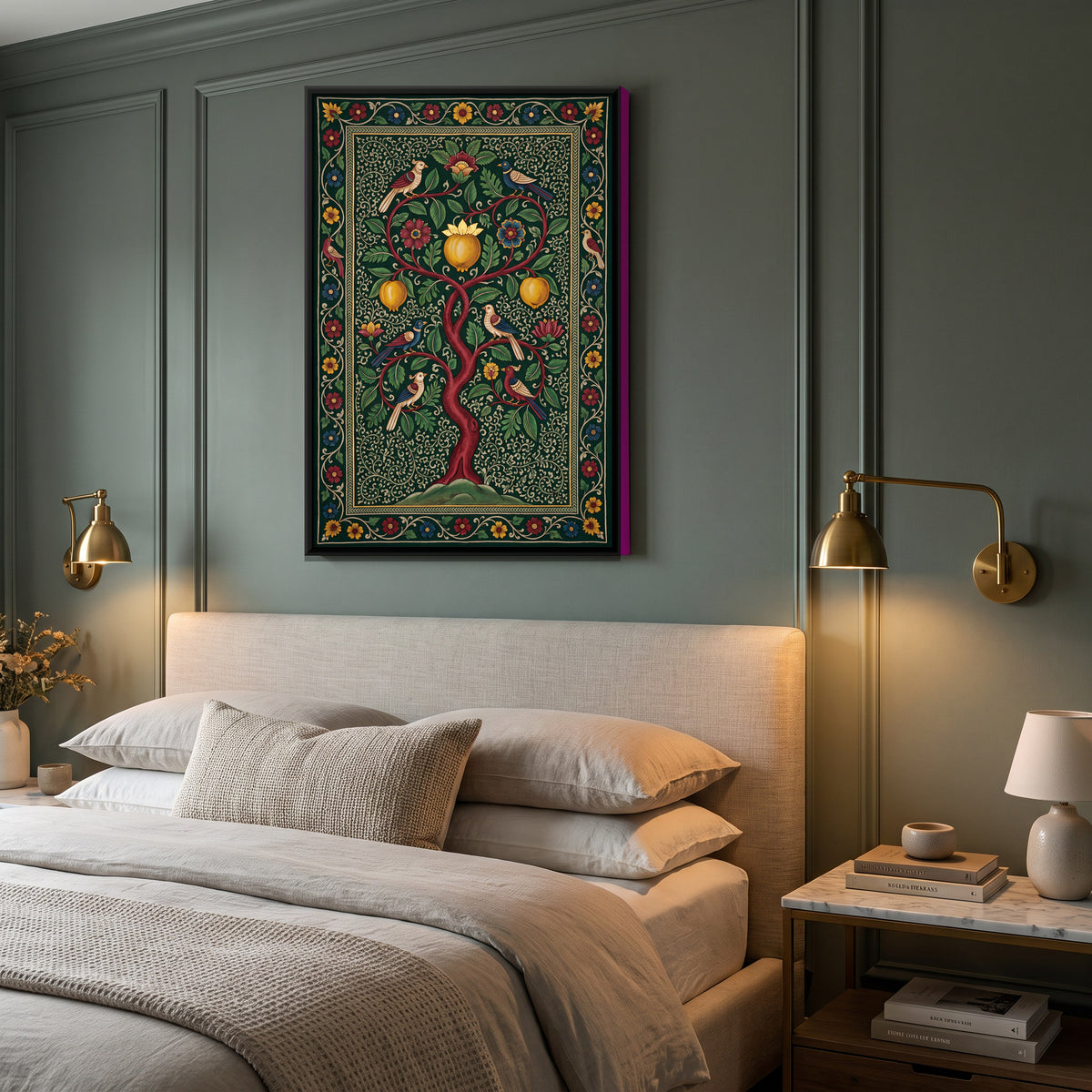 Tree of Life with Birds - canvas art shown in a second room setting