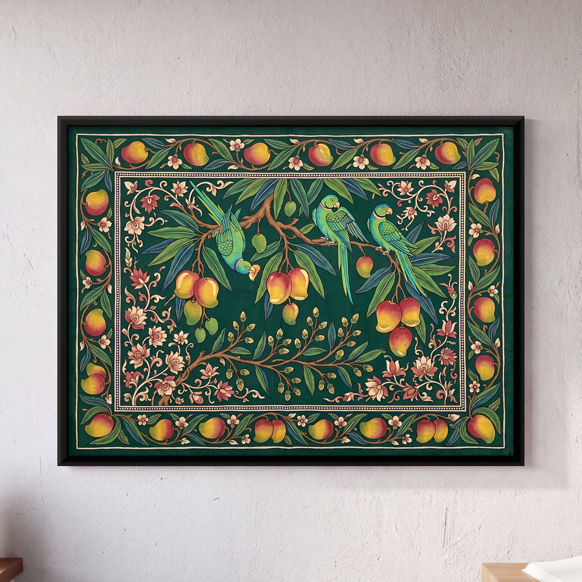 Parrots on a Mango Branch - framed canvas art hung on a wall