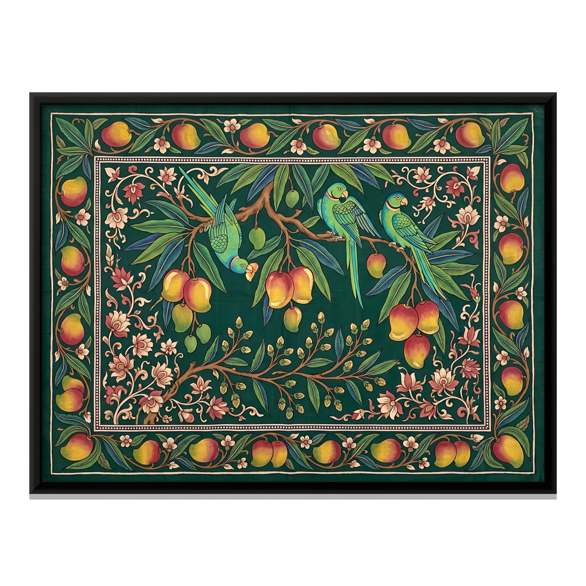 Parrots on a Mango Branch - framed canvas print, front view