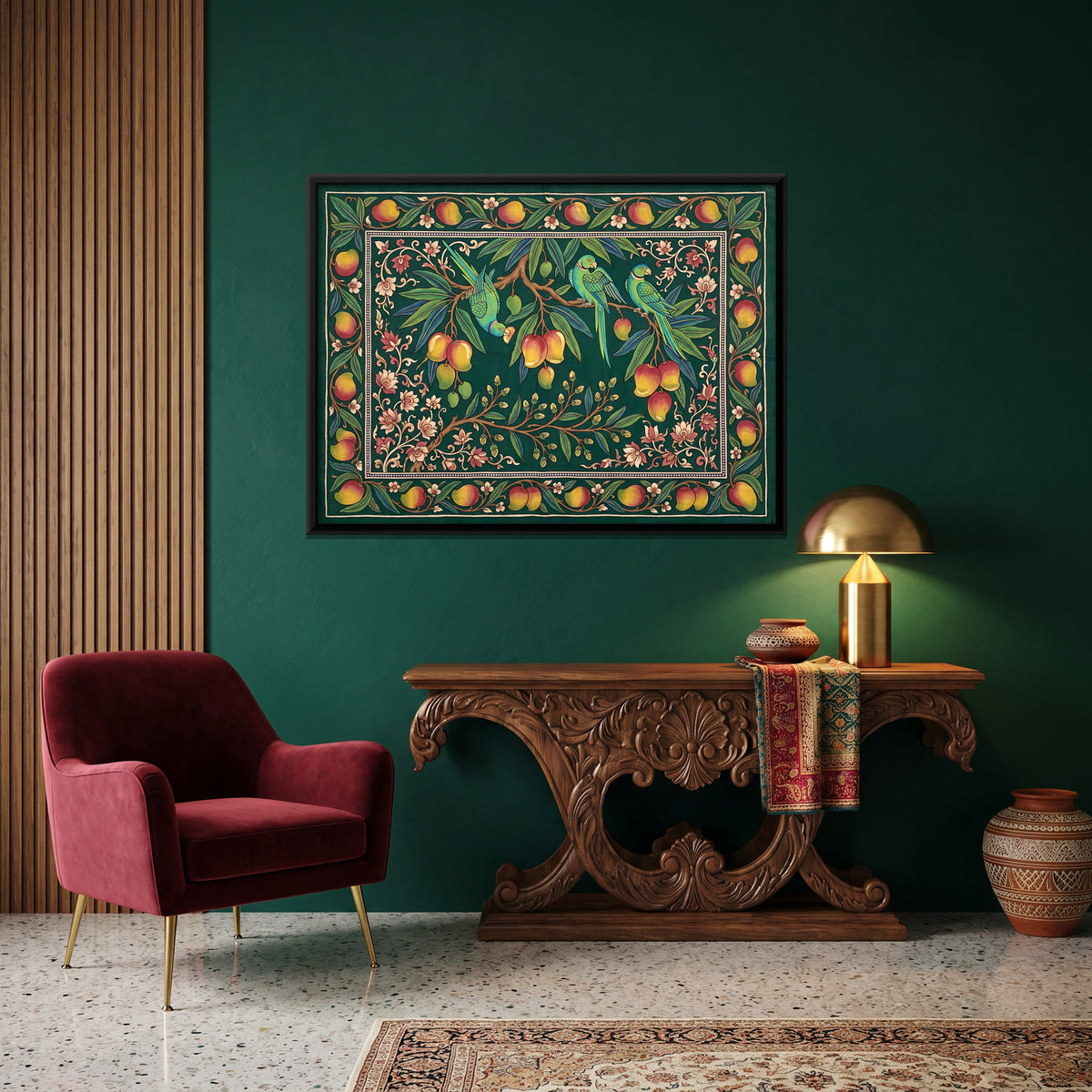 Parrots on a Mango Branch - canvas art shown in a styled room