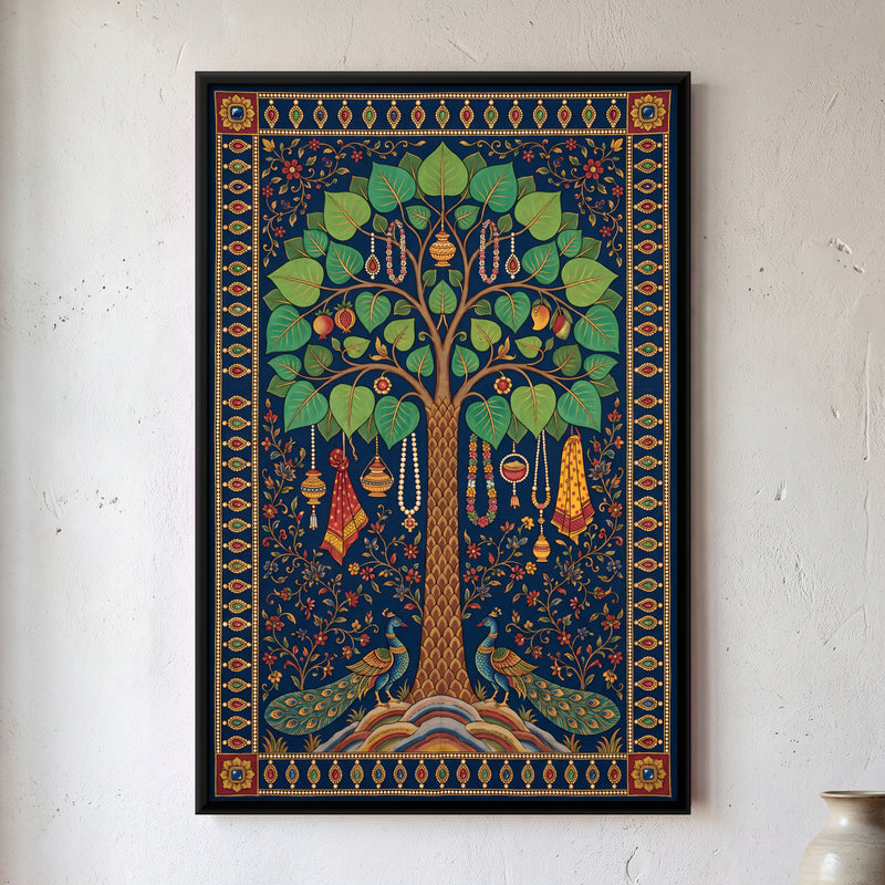 Kalpavriksha with Peacocks - framed canvas art hung on a wall