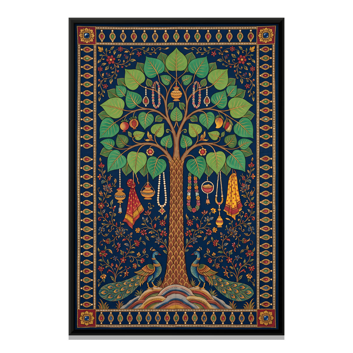 Kalpavriksha with Peacocks - framed canvas print, front view