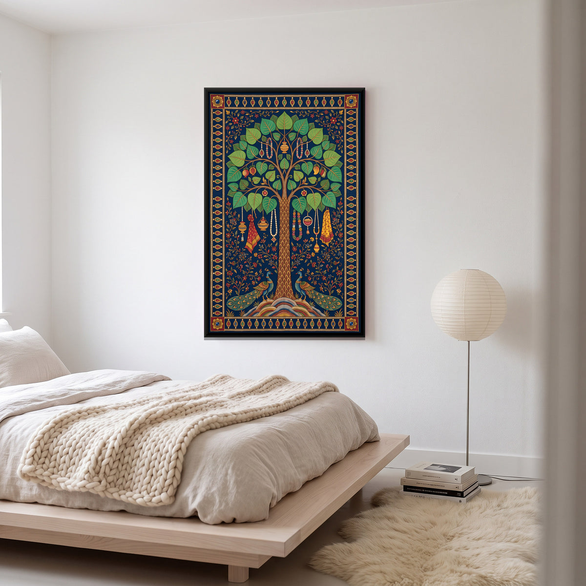 Kalpavriksha with Peacocks - canvas art shown in a styled room