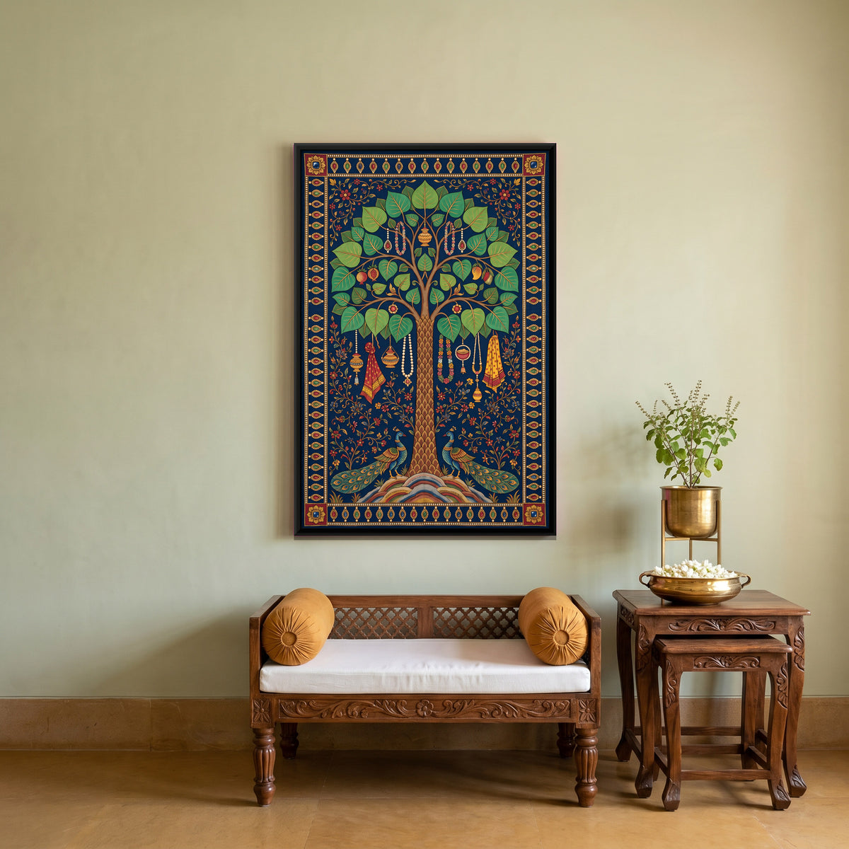 Kalpavriksha with Peacocks - canvas art shown in a second room setting