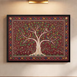 Peepal Tree with Birds on Red Background