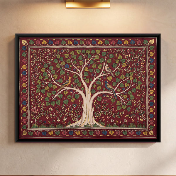 Peepal Tree with Birds on Red Background