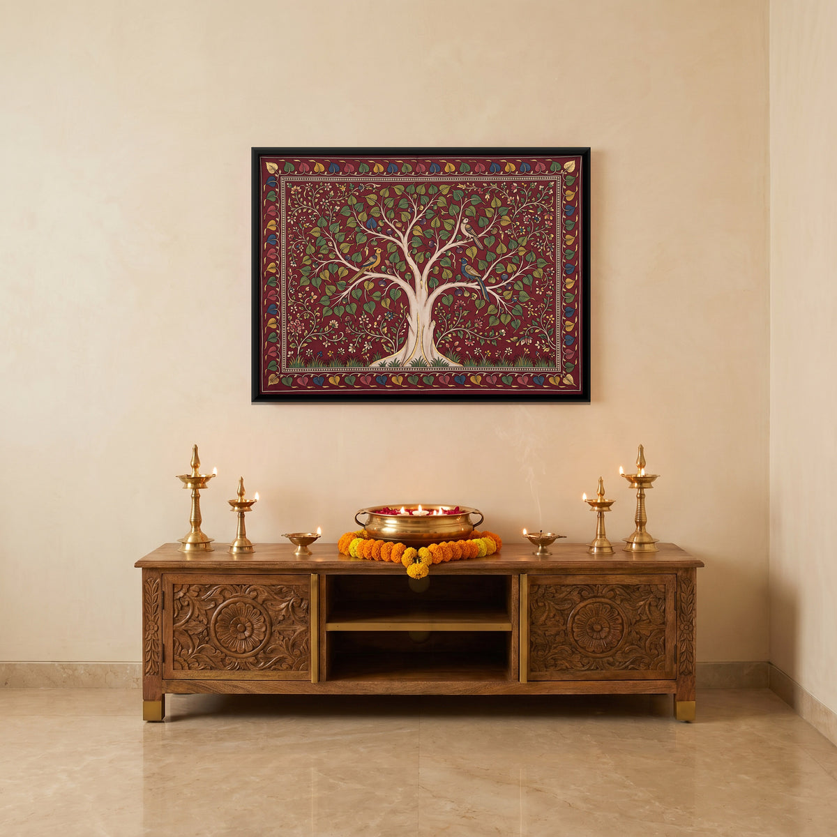 Peepal Tree with Birds - canvas art shown in a styled room