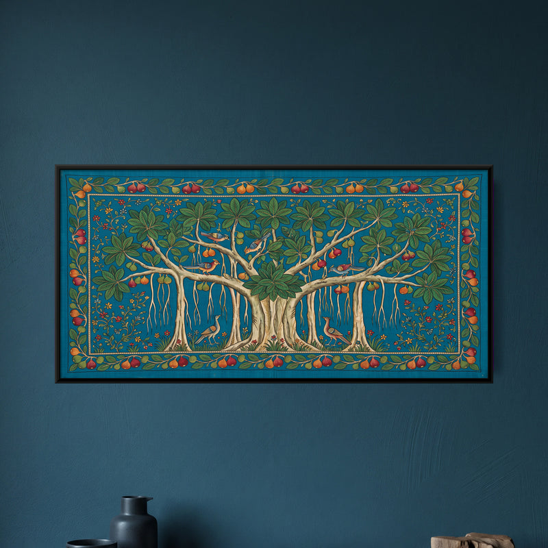 Banyan Tree with Birds - framed canvas art hung on a wall