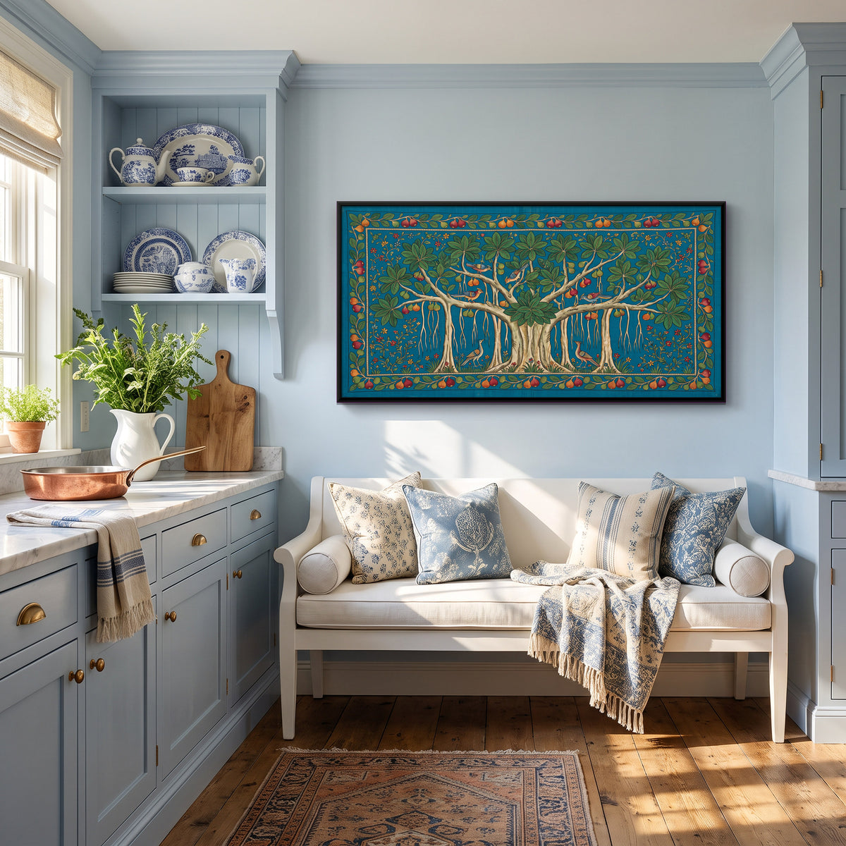 Banyan Tree with Birds - canvas art shown in a styled room