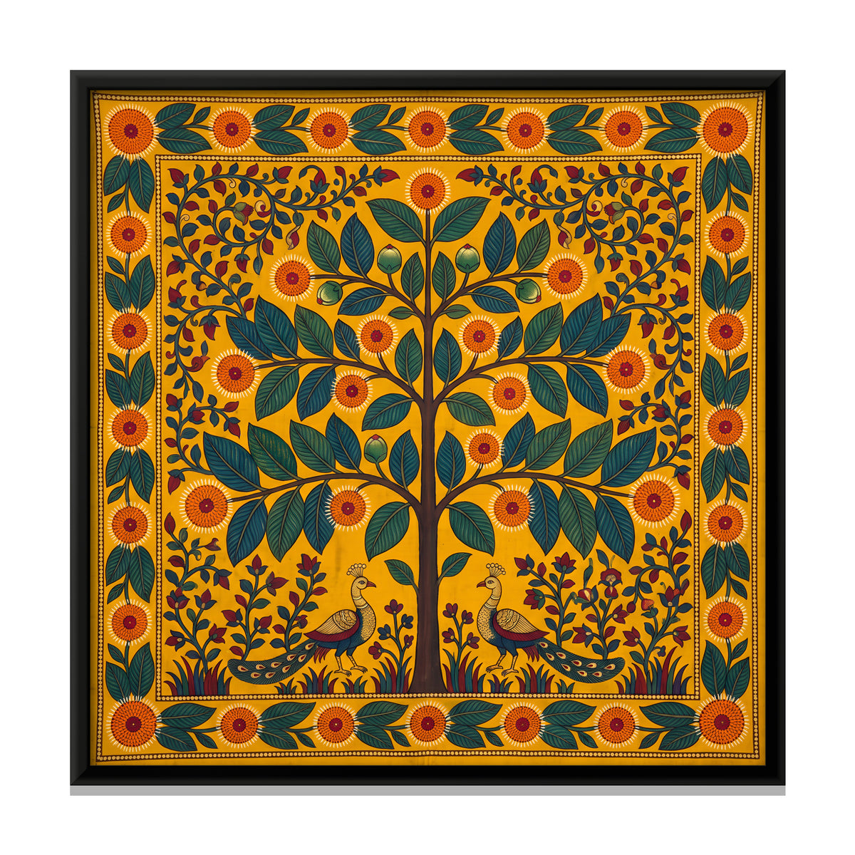 Flowering Tree with Peacocks - framed canvas print, front view