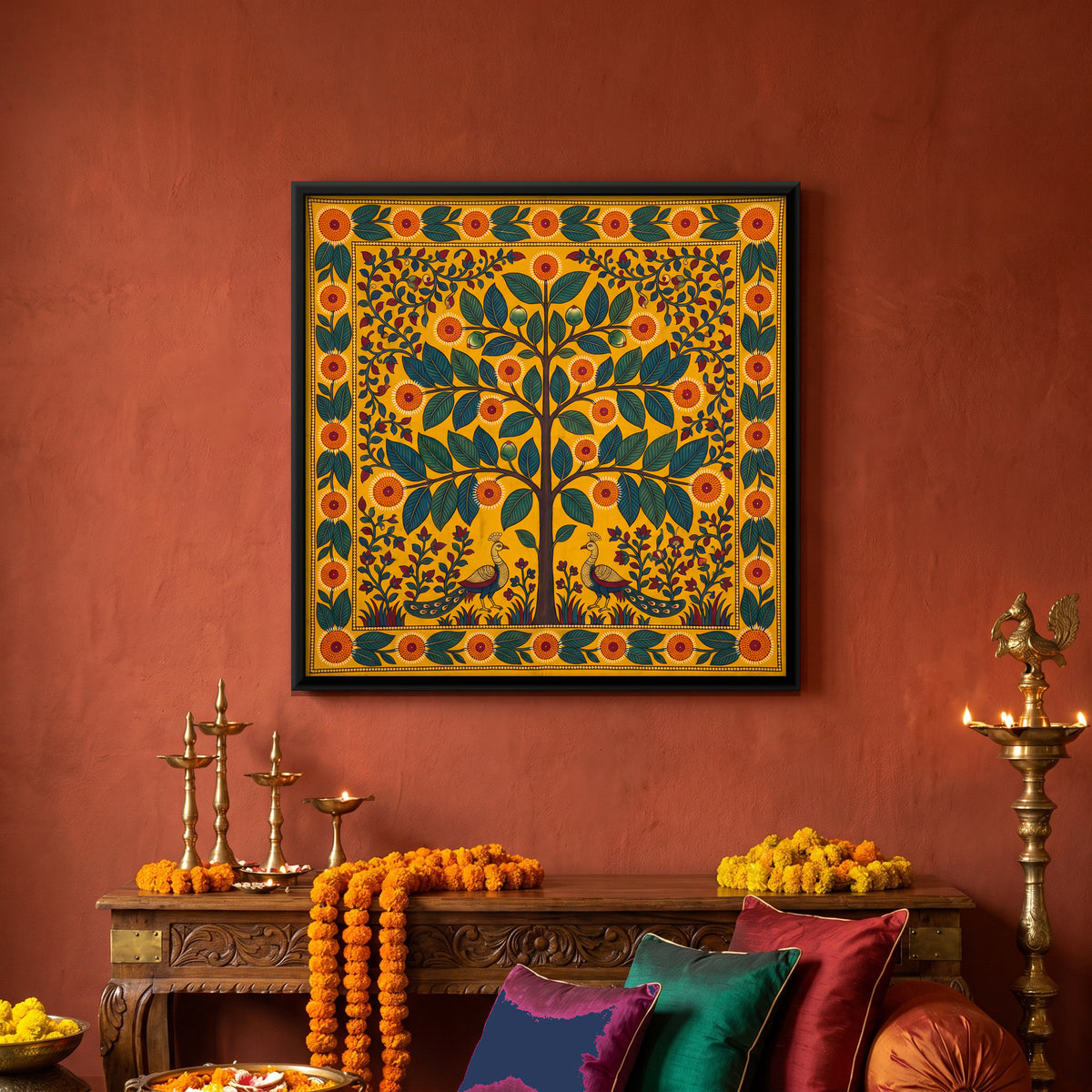 Flowering Tree with Peacocks - canvas art shown in a styled room