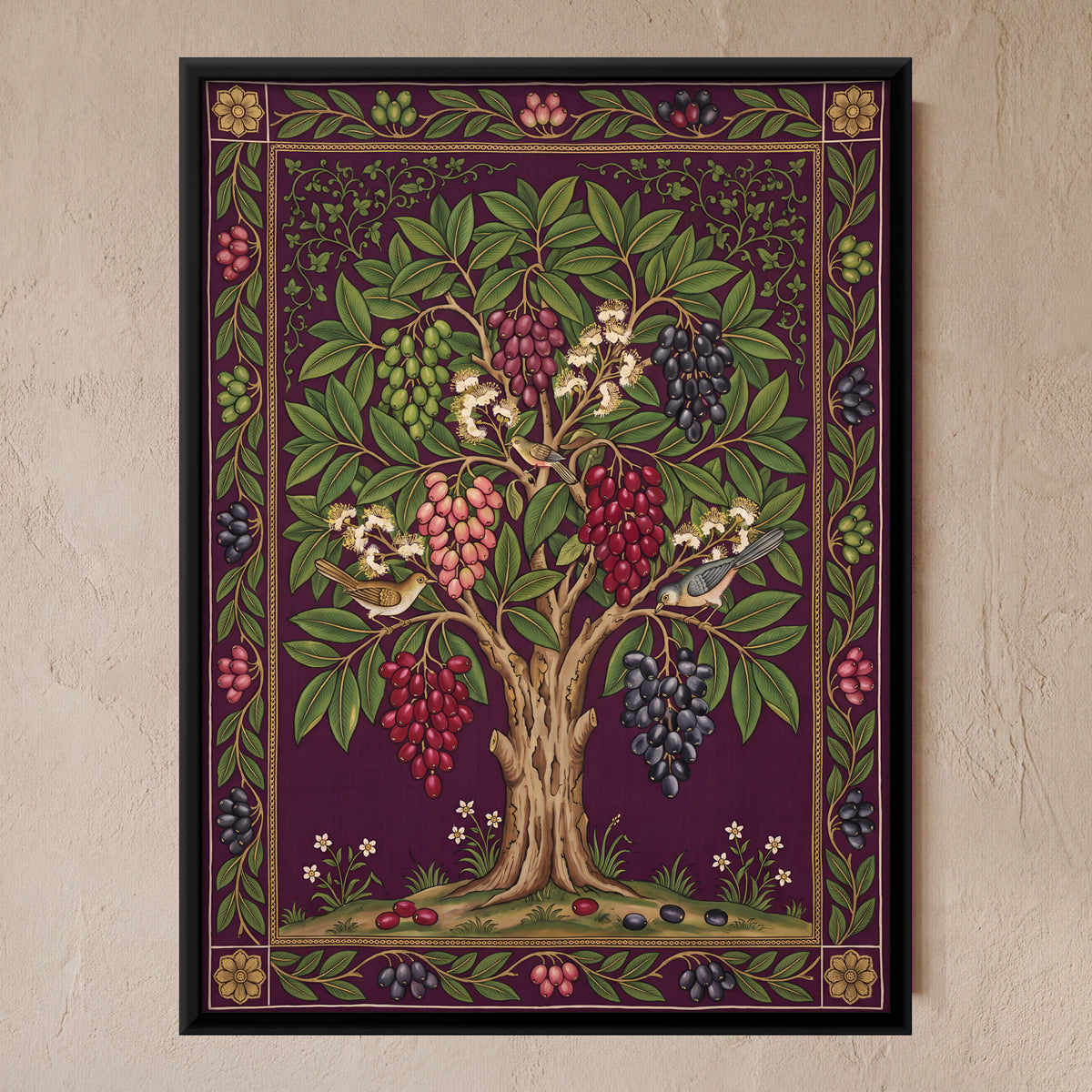 Jamun Tree with Birds - framed canvas art hung on a wall