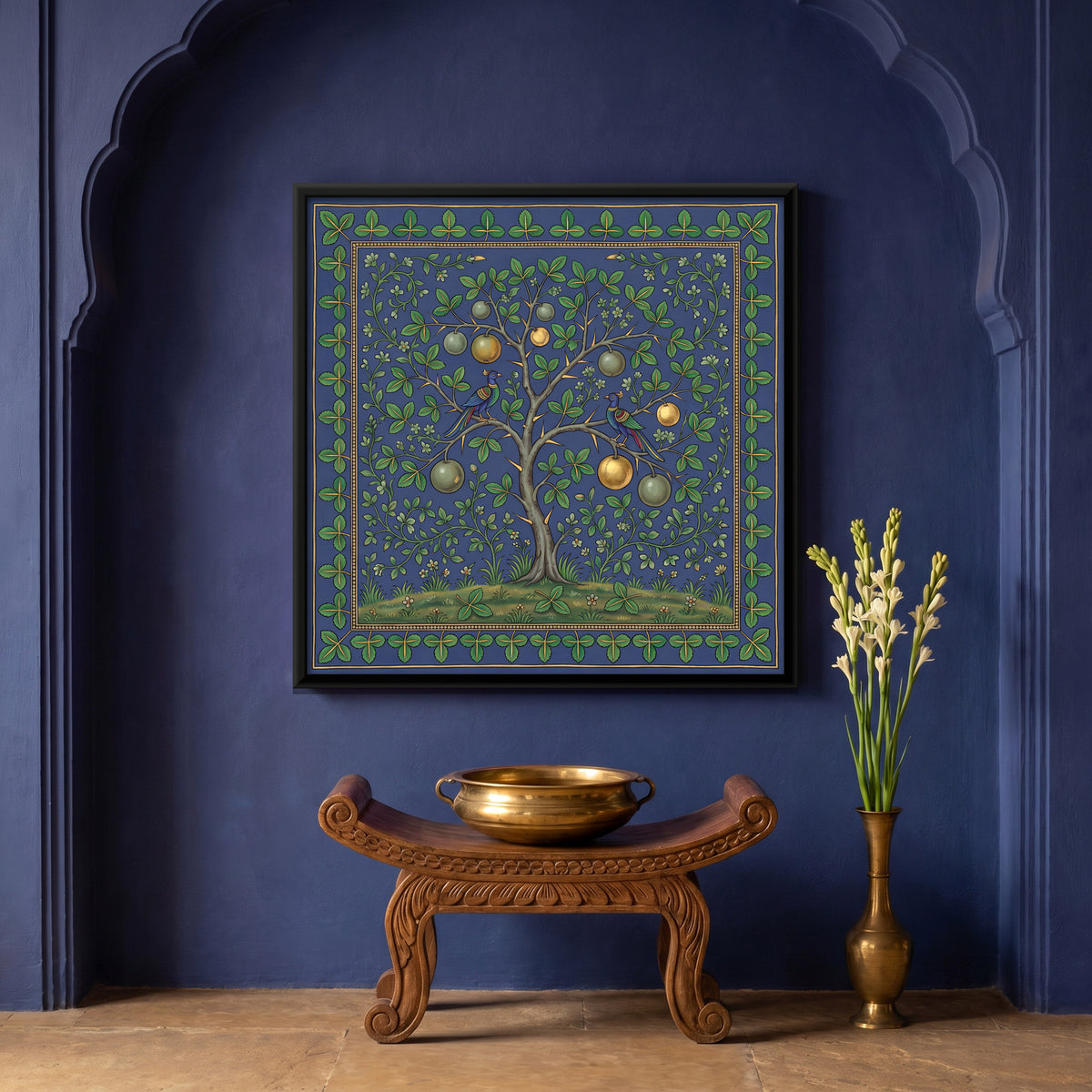 Bilva Tree with Birds - canvas art shown in a styled room