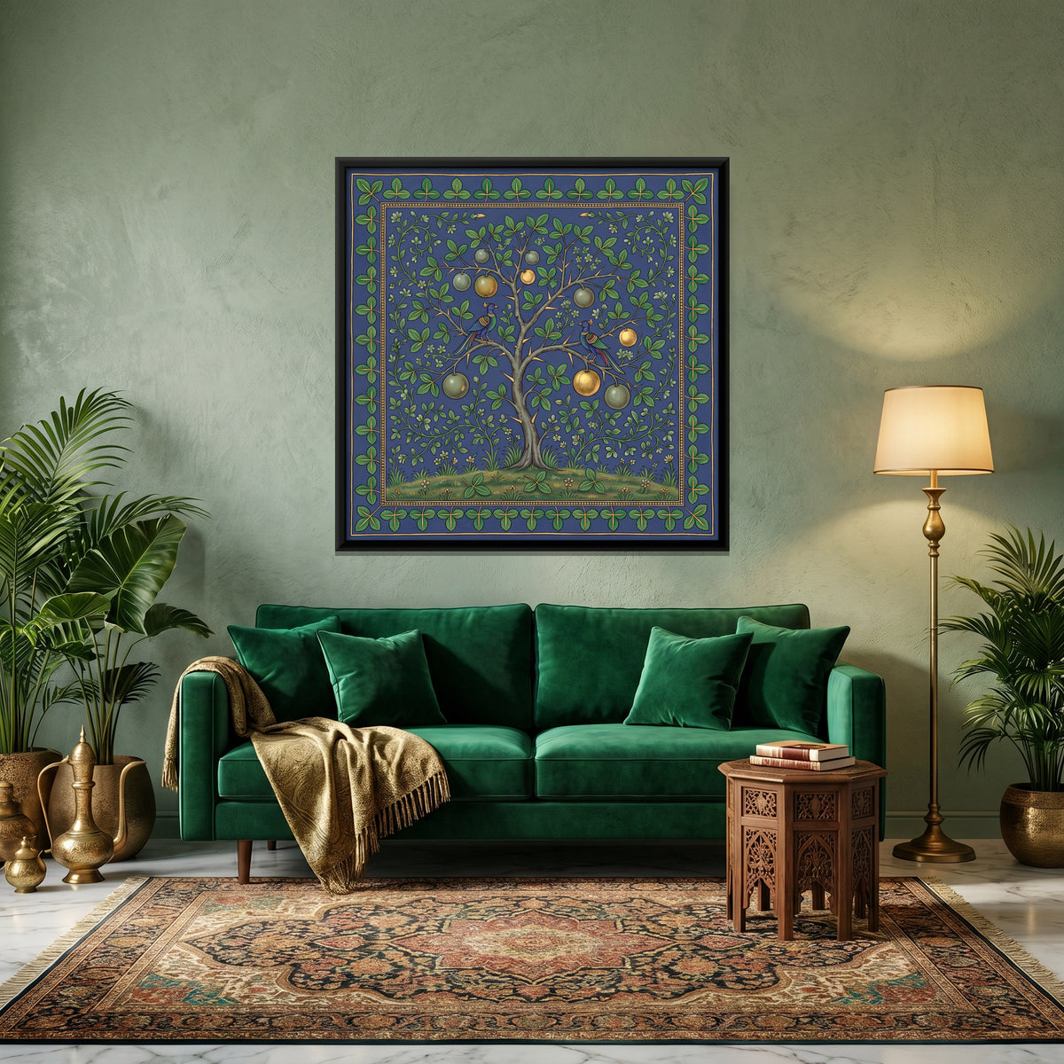 Bilva Tree with Birds - canvas art shown in a second room setting