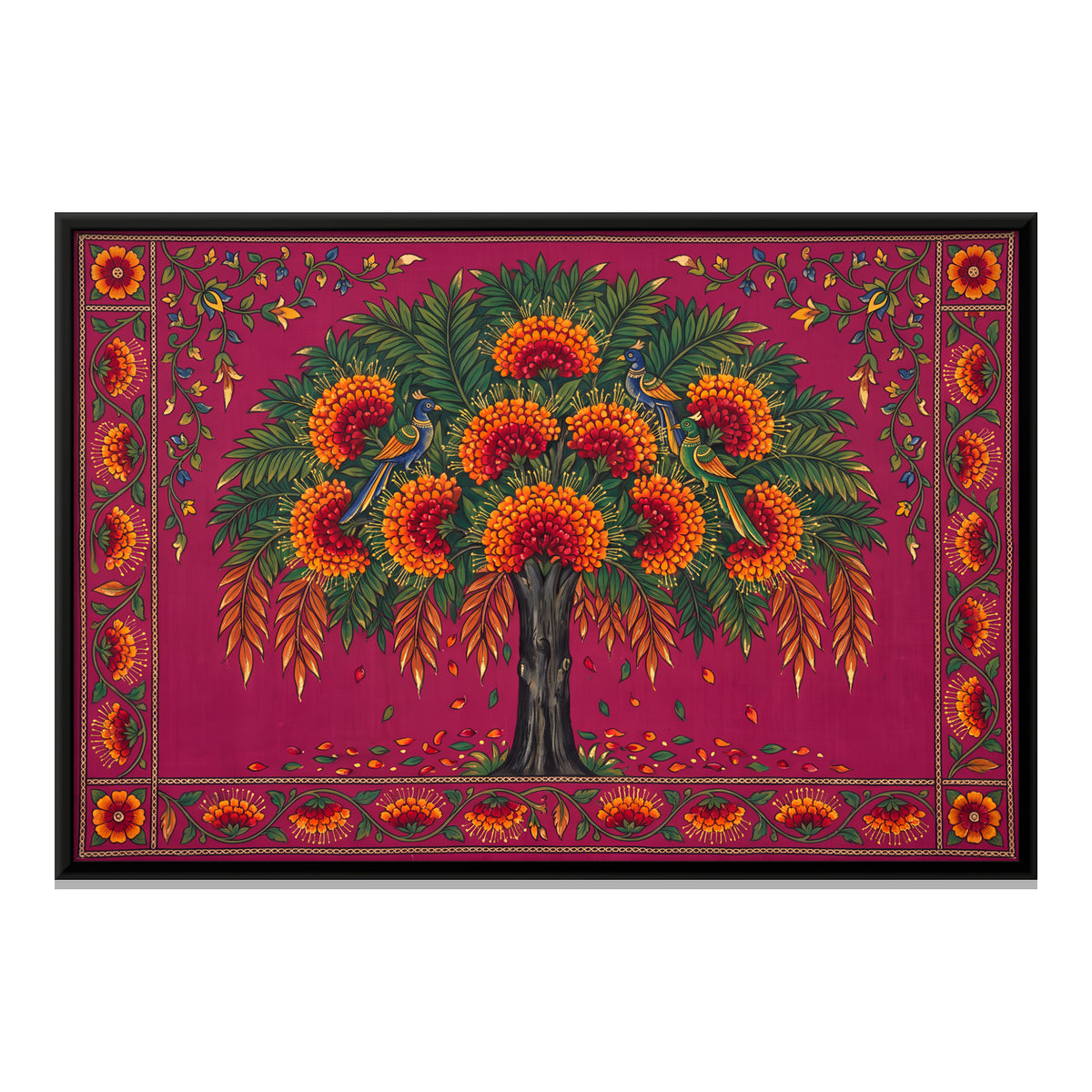Ashoka Tree with Birds - framed canvas print, front view