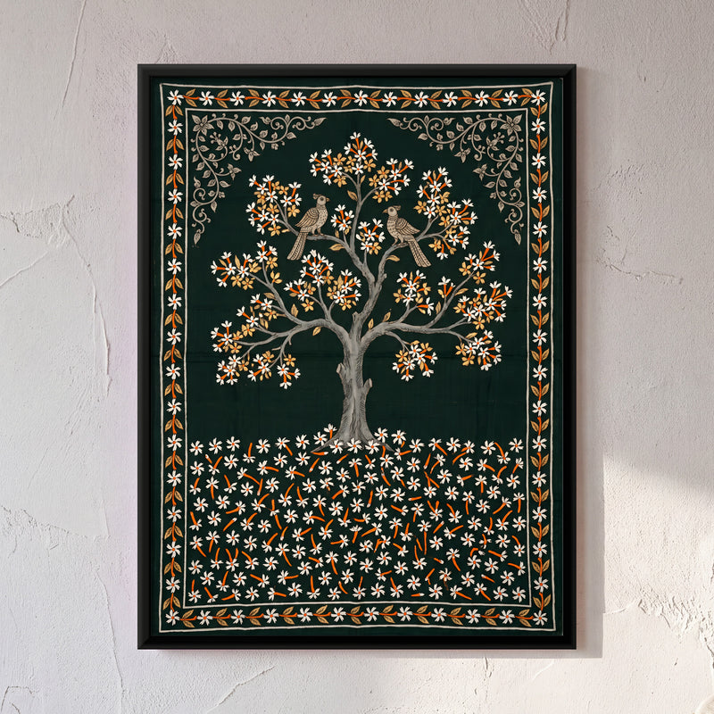 Night Jasmine Tree with Birds - framed canvas art hung on a wall