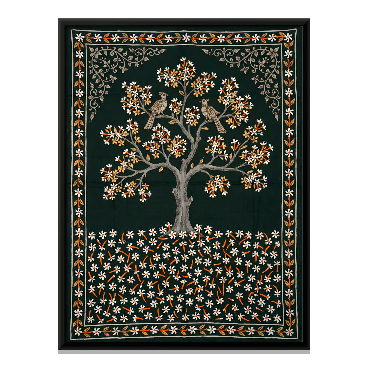 Night Jasmine Tree with Birds - framed canvas print, front view