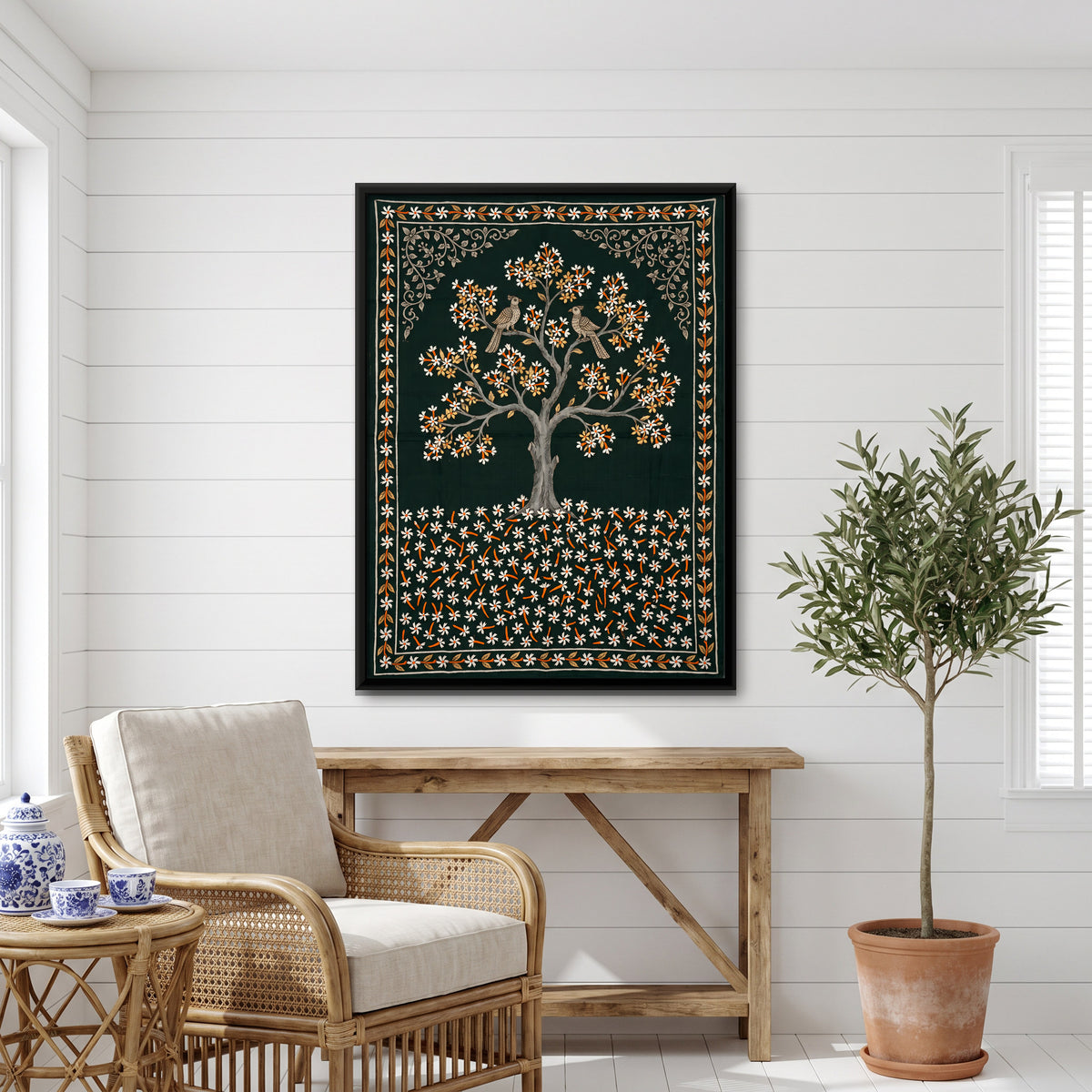 Night Jasmine Tree with Birds - canvas art shown in a styled room