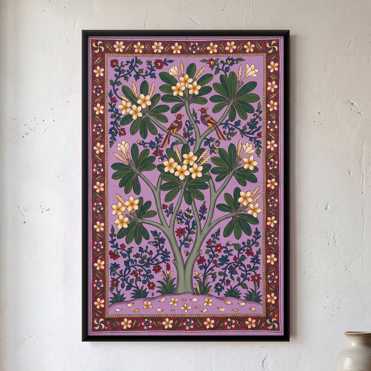 Frangipani Tree with Birds - framed canvas art hung on a wall