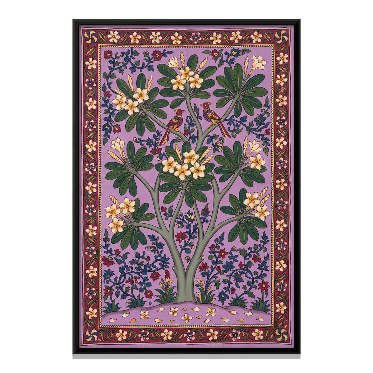 Frangipani Tree with Birds - framed canvas print, front view