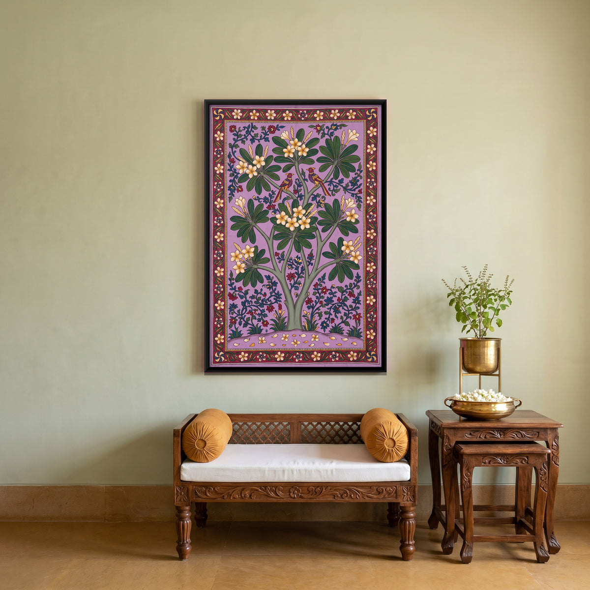 Frangipani Tree with Birds - canvas art shown in a styled room
