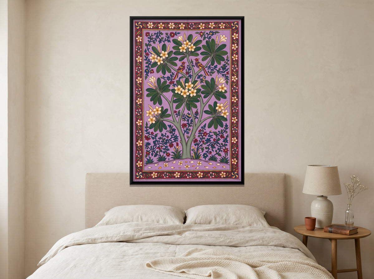 Frangipani Tree with Birds - canvas art shown in a second room setting