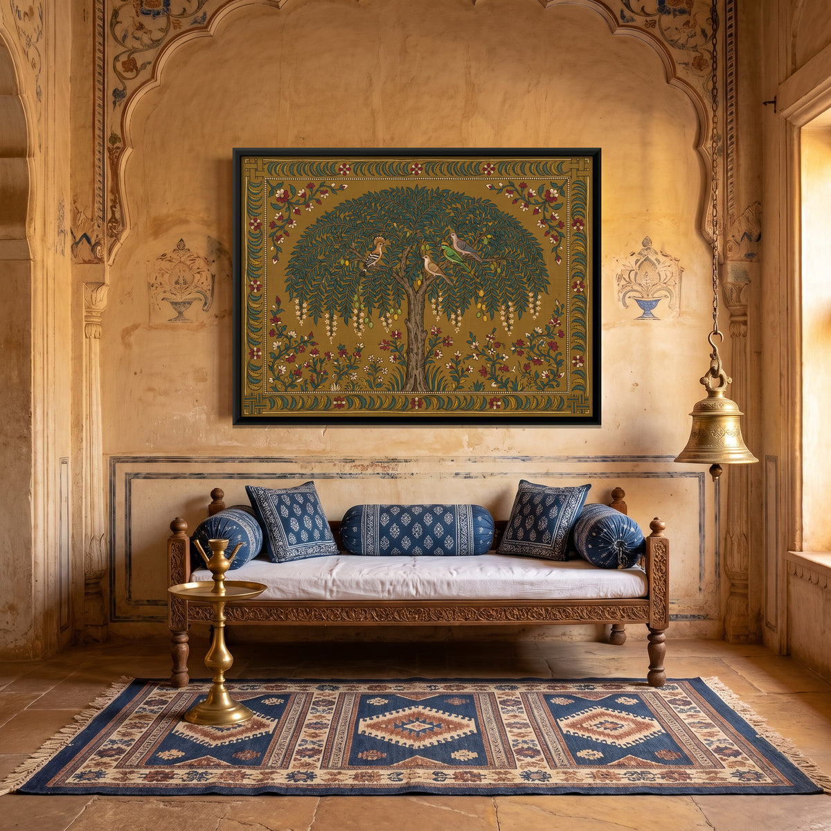 Neem Tree with Birds - canvas art shown in a second room setting