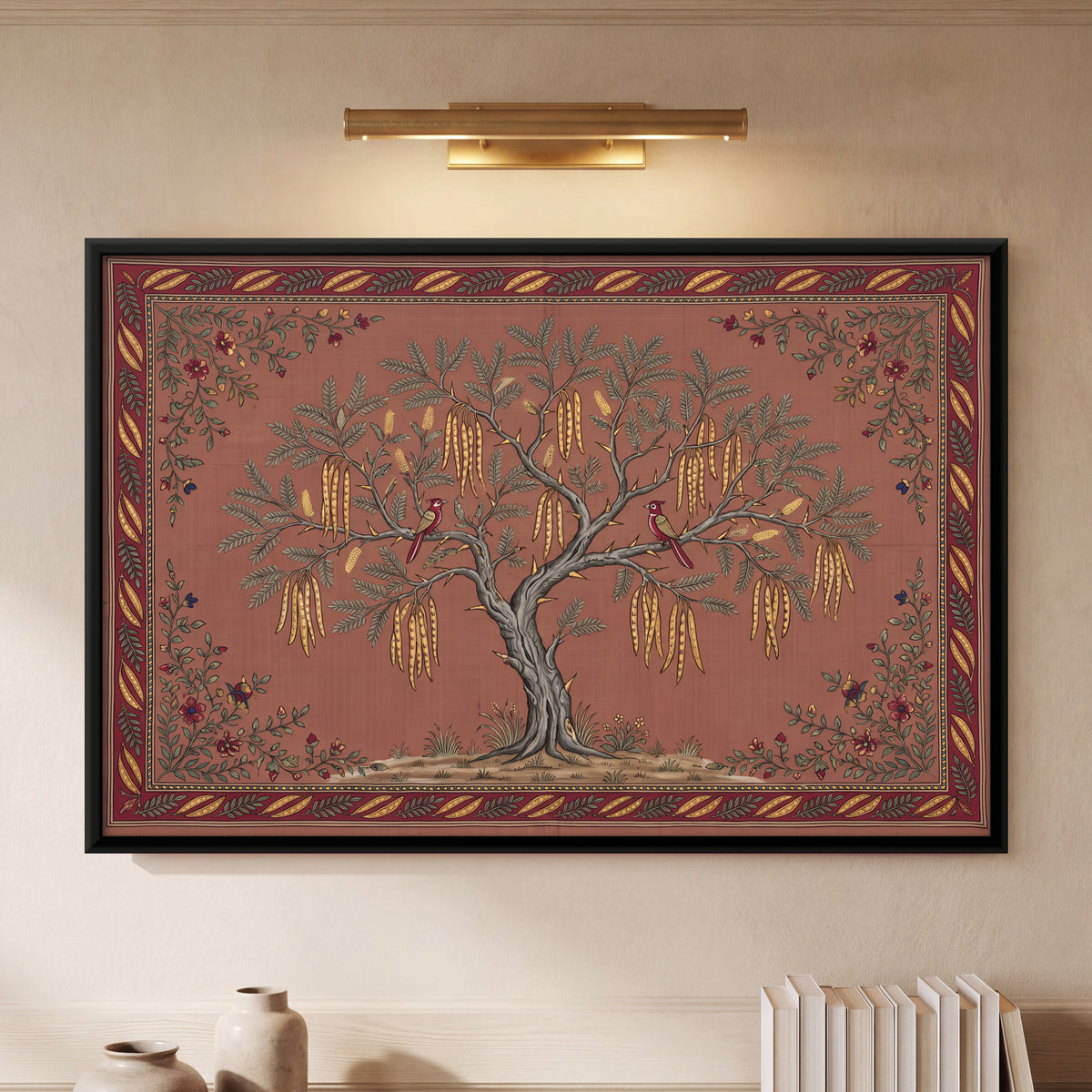 Shami Tree with Birds - framed canvas art hung on a wall