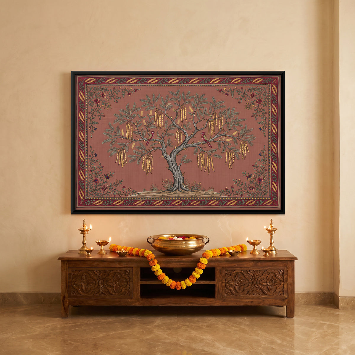 Shami Tree with Birds - canvas art shown in a second room setting