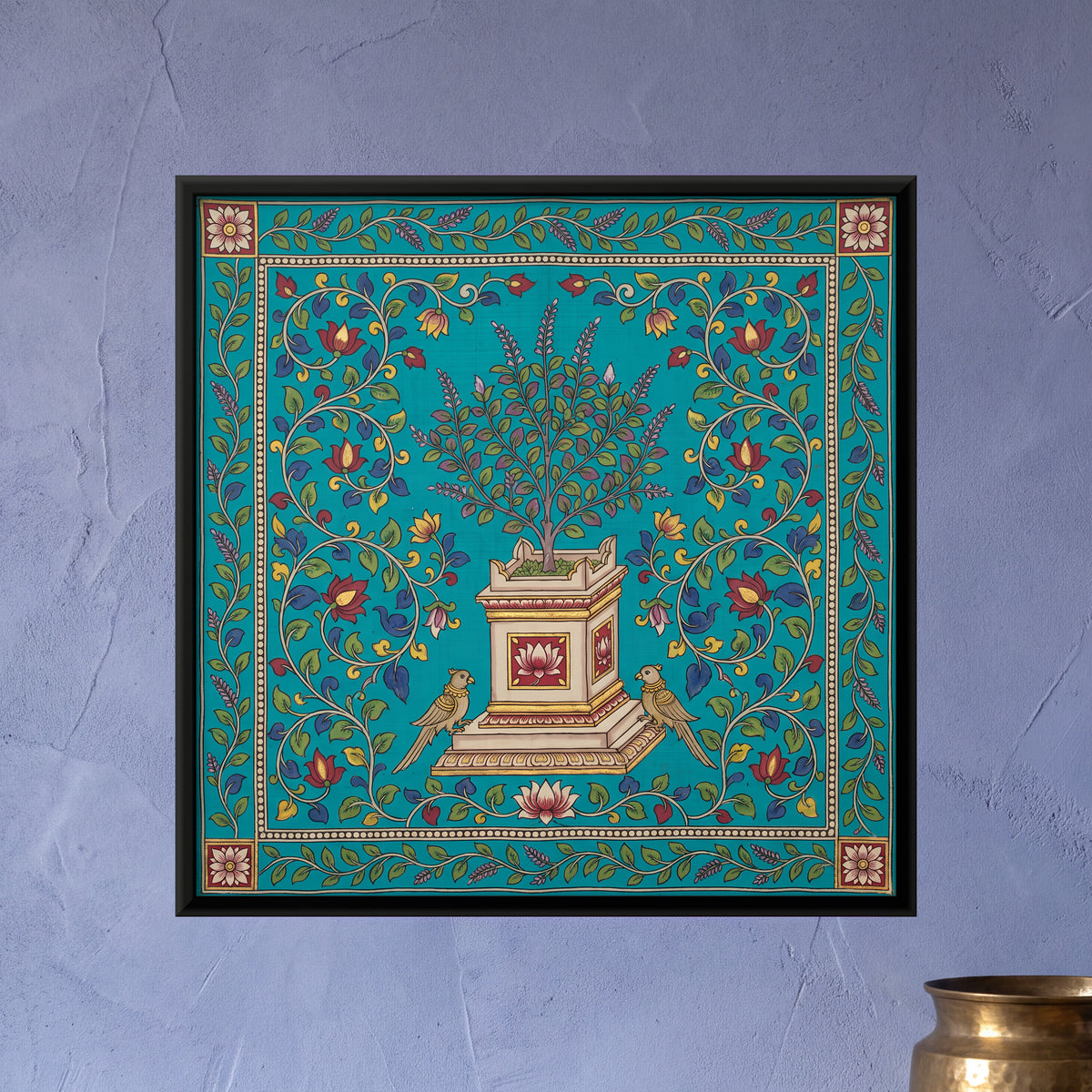 Tulsi Plant with Parrots - framed canvas art hung on a wall