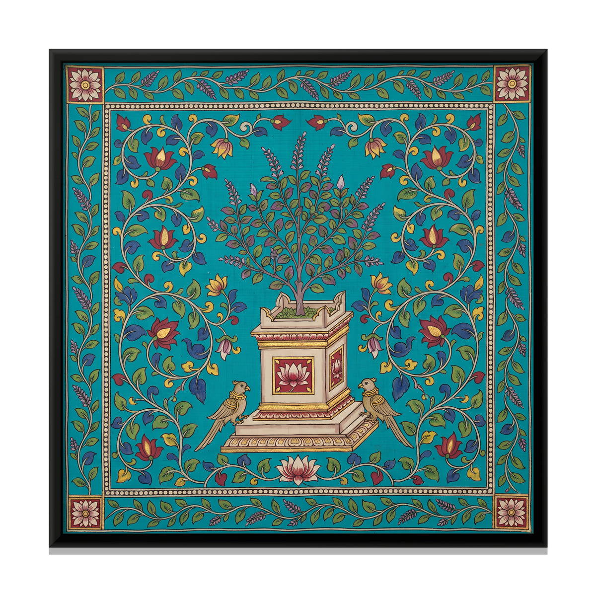 Tulsi Plant with Parrots - framed canvas print, front view