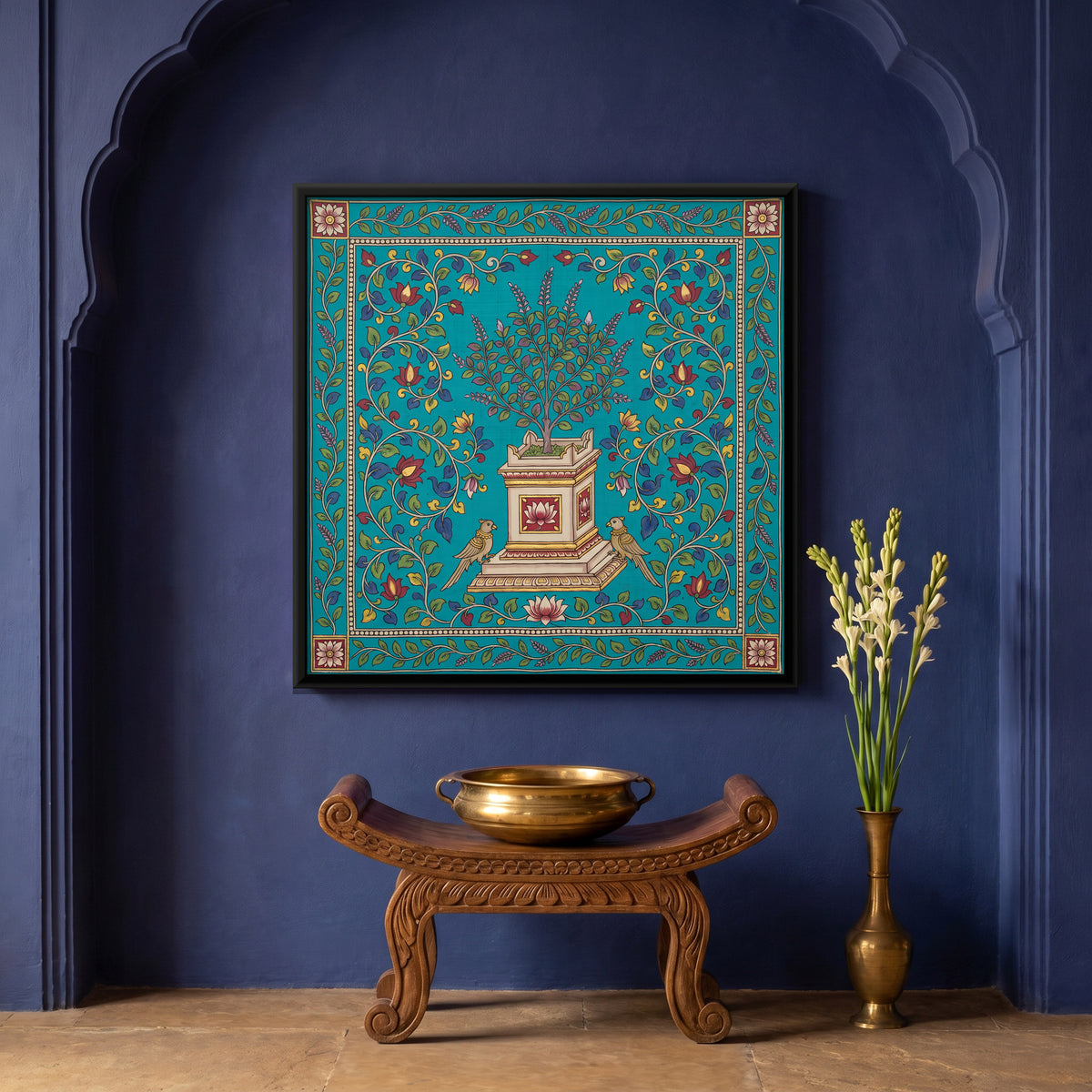 Tulsi Plant with Parrots - canvas art shown in a styled room