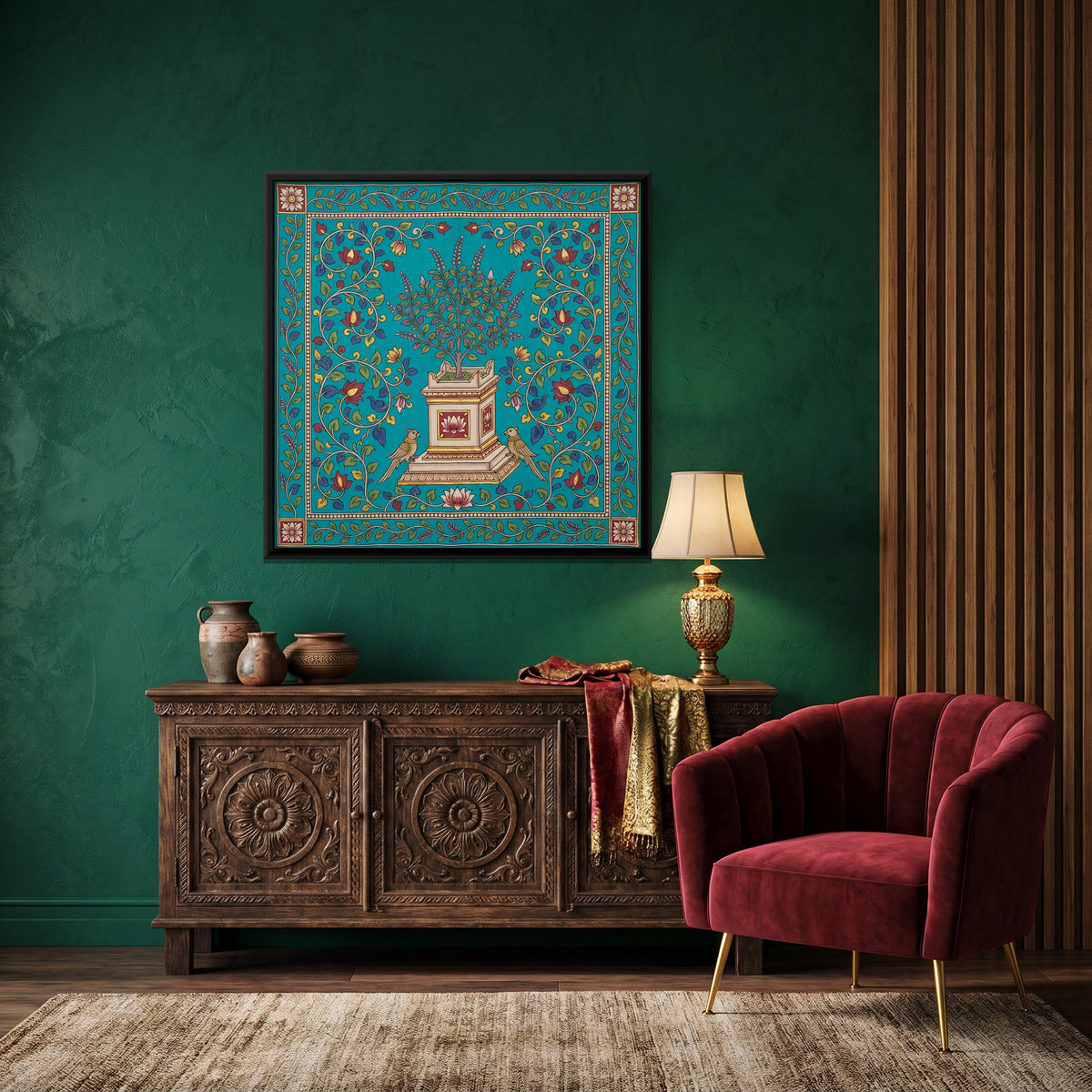 Tulsi Plant with Parrots - canvas art shown in a second room setting