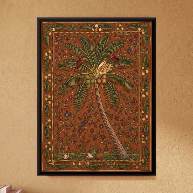 Coconut Palm with Birds - framed canvas art hung on a wall