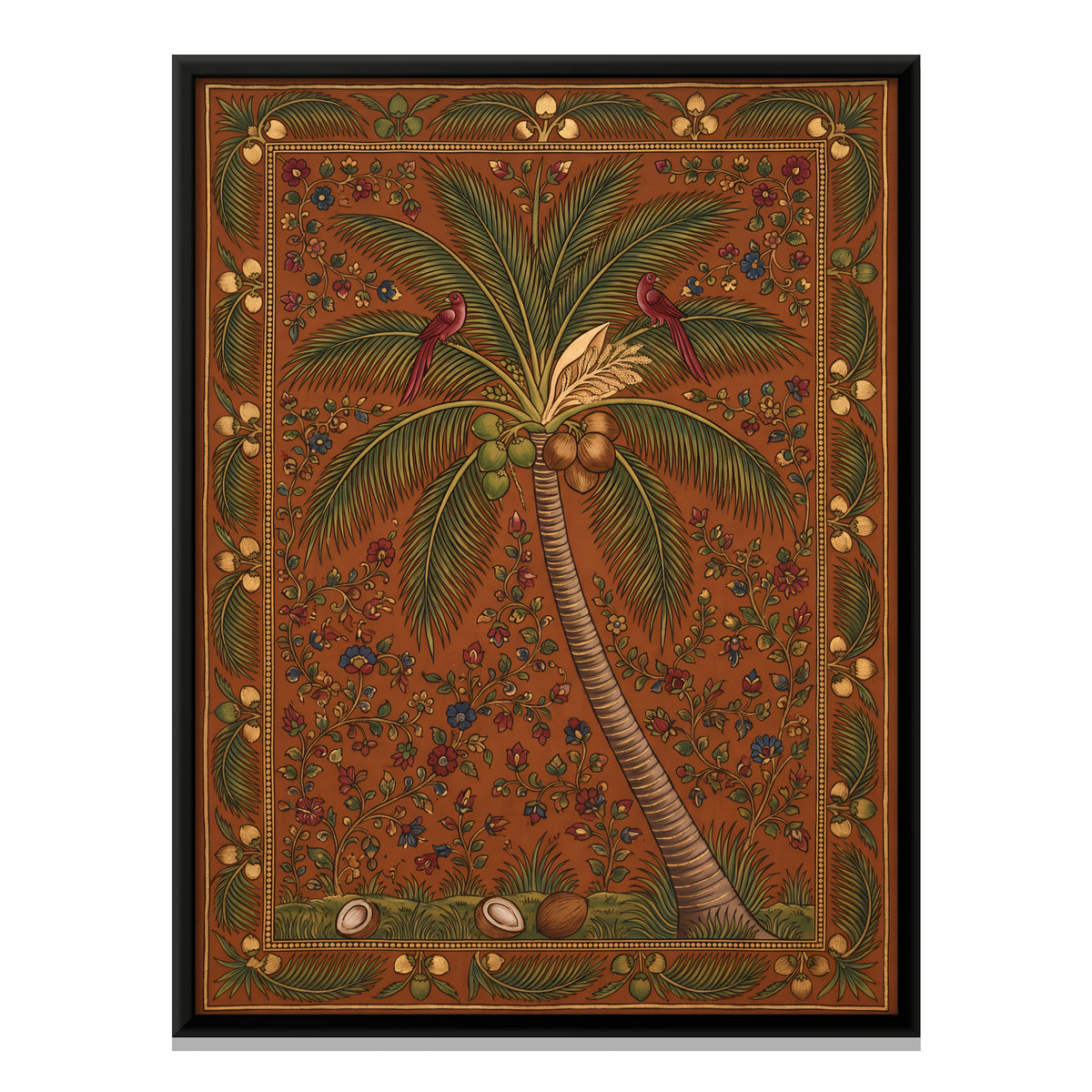 Coconut Palm with Birds - framed canvas print, front view