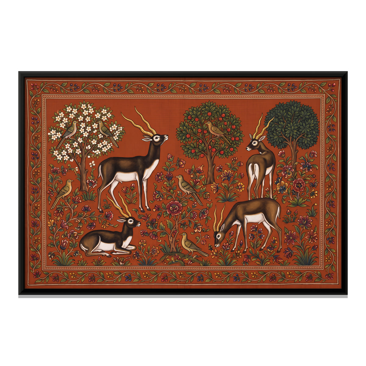 Blackbuck in a Flowering Grove - framed canvas print, front view