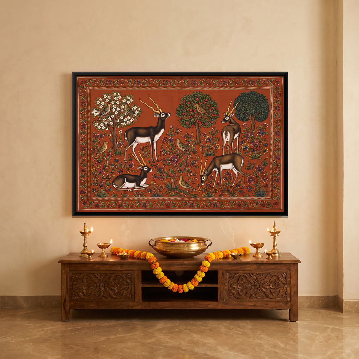 Blackbuck in a Flowering Grove - canvas art shown in a second room setting
