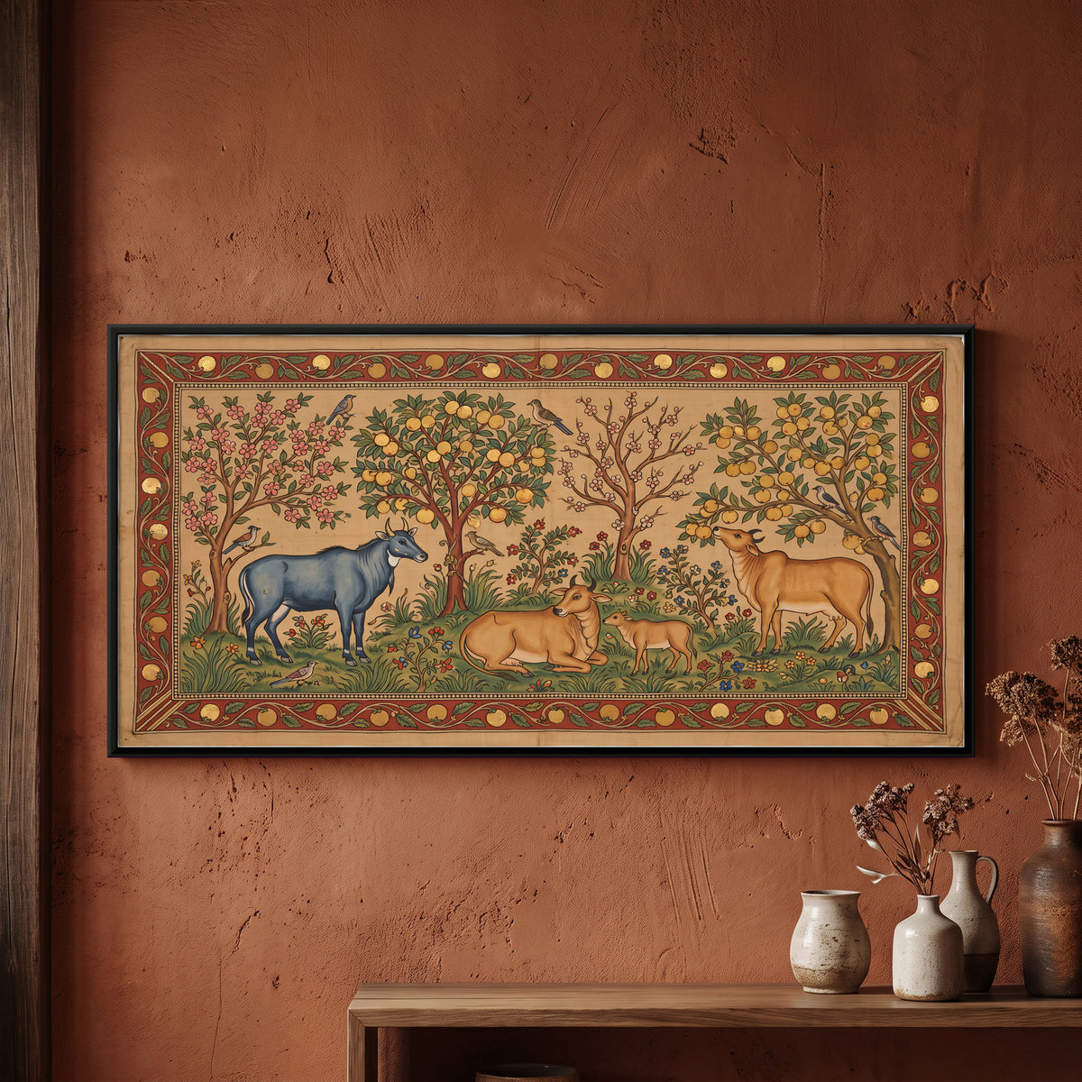 Nilgai Beneath Fruiting Trees - framed canvas art hung on a wall